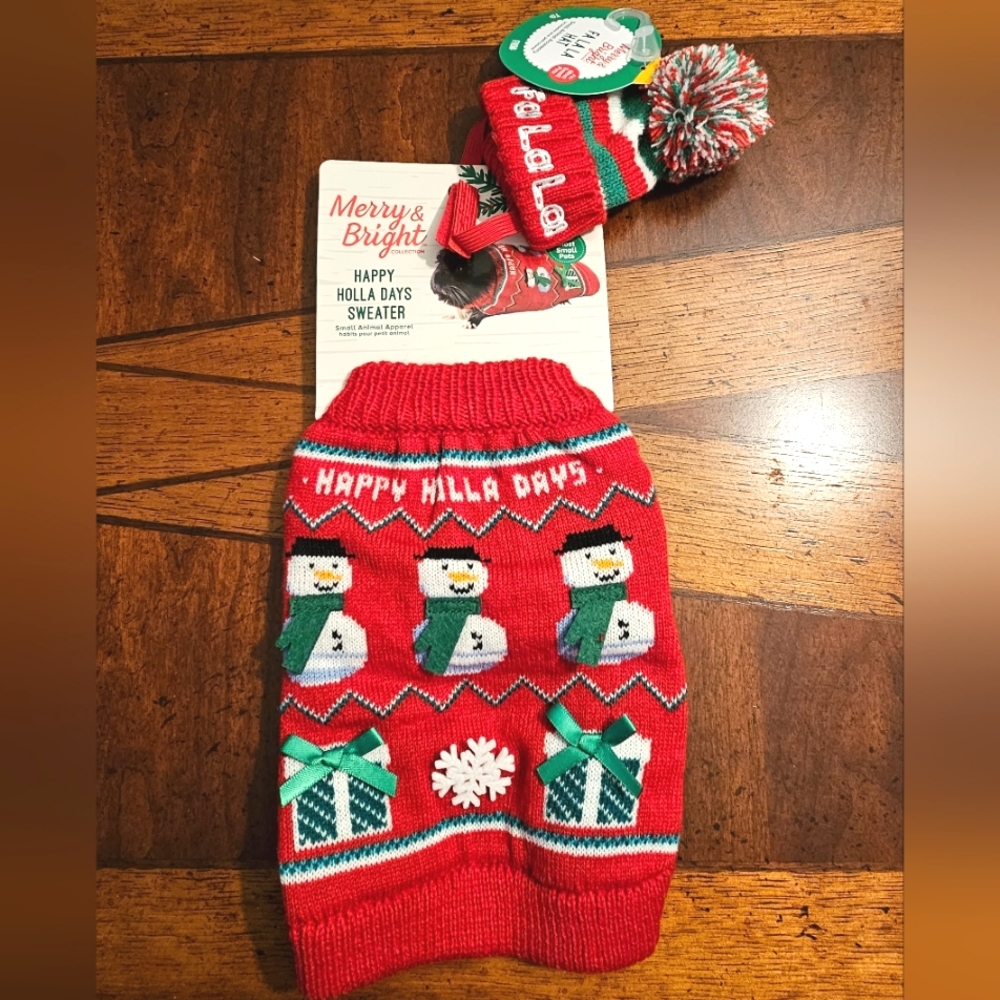 NWT-Merry & Bright- Pet Christmas Sweater & Hat-Fits Most Small Pets-Red & Green